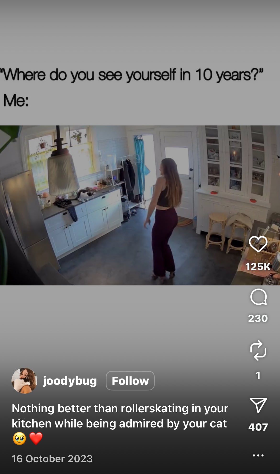 Woman on Roller Skates Dances with Her Cat in the Kitchen