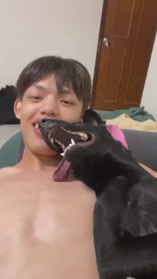 Dog Makes Funny Face While Lying on Owner's Chest